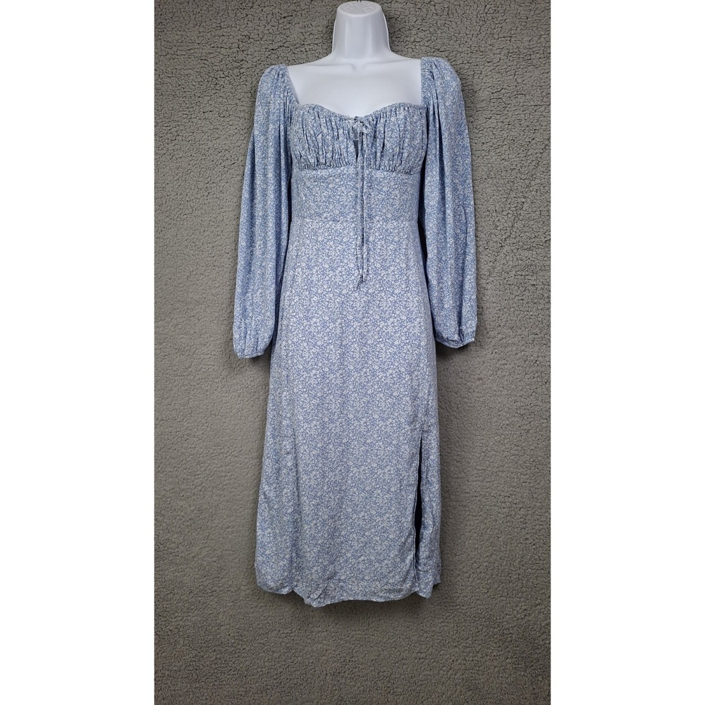 Altard State Floral Midi Dress Milkmaid Coquette Cottagecore Blue Medium Slit